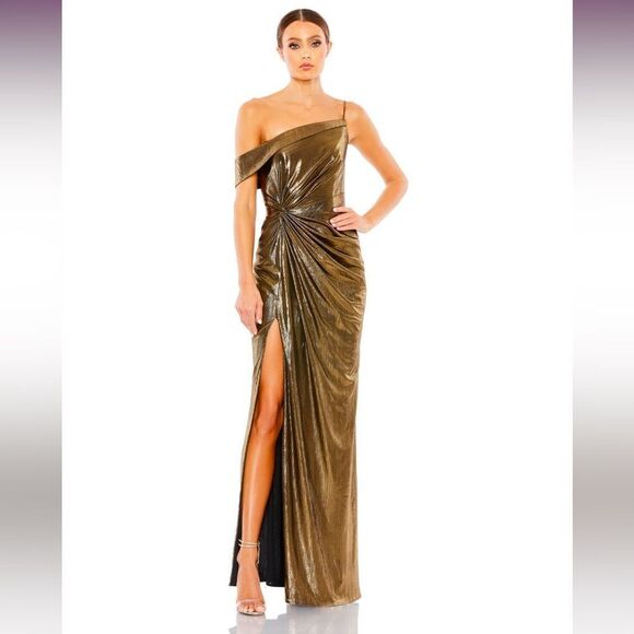 NWT Ieena for Mac Duggal 26728 Asymmetrical Neckline Metallic Dress Size 8 - Picture 1 of 3